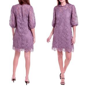Johnny Was Lorrie Purple Crochet Lace Mini Dress Puff Sleeves Size Medium